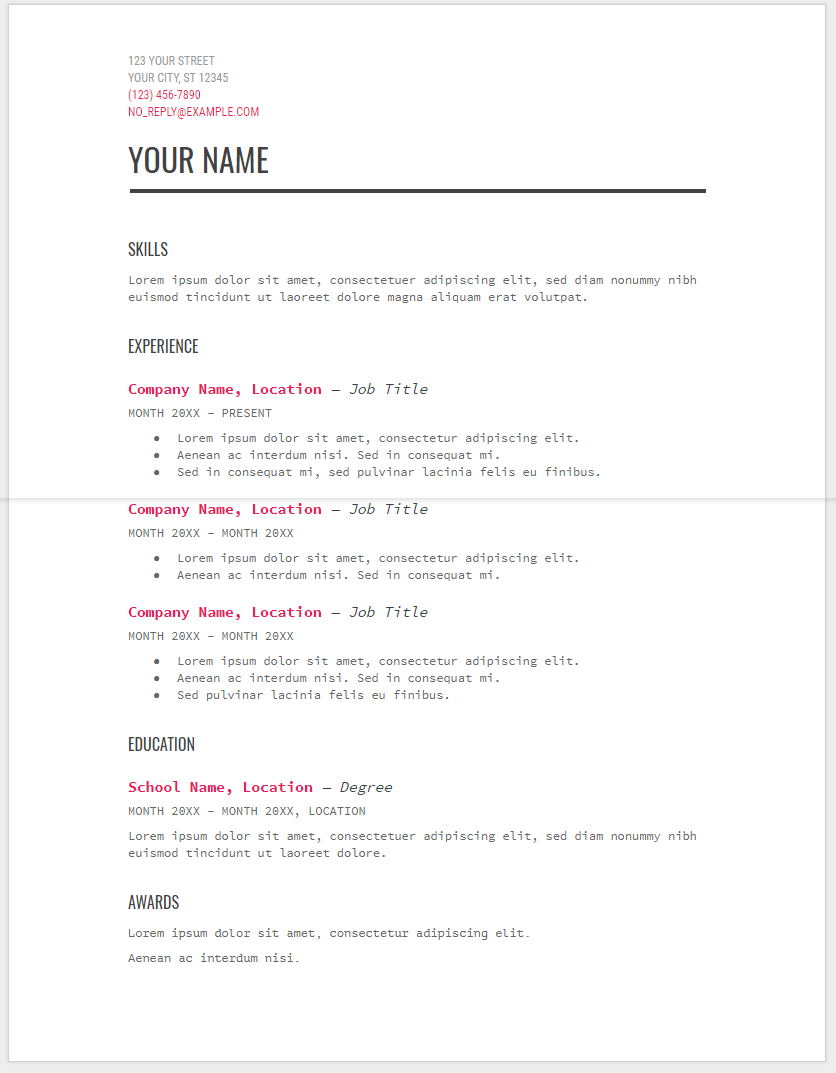 resume template for google docs