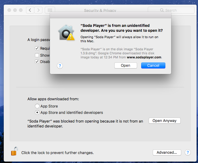 Soda Player can’t be opened because it is from an unidentified developer
