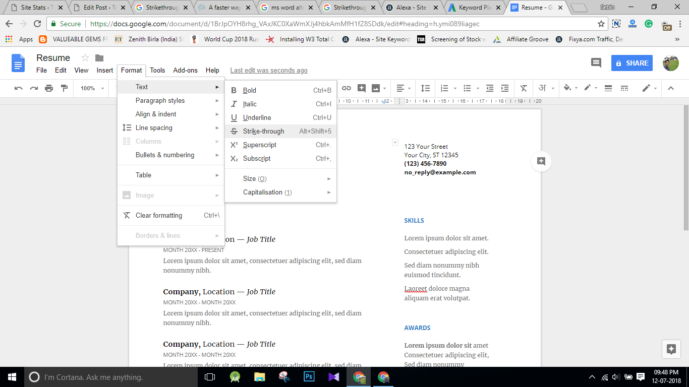 how to add Strikethrough in google docs