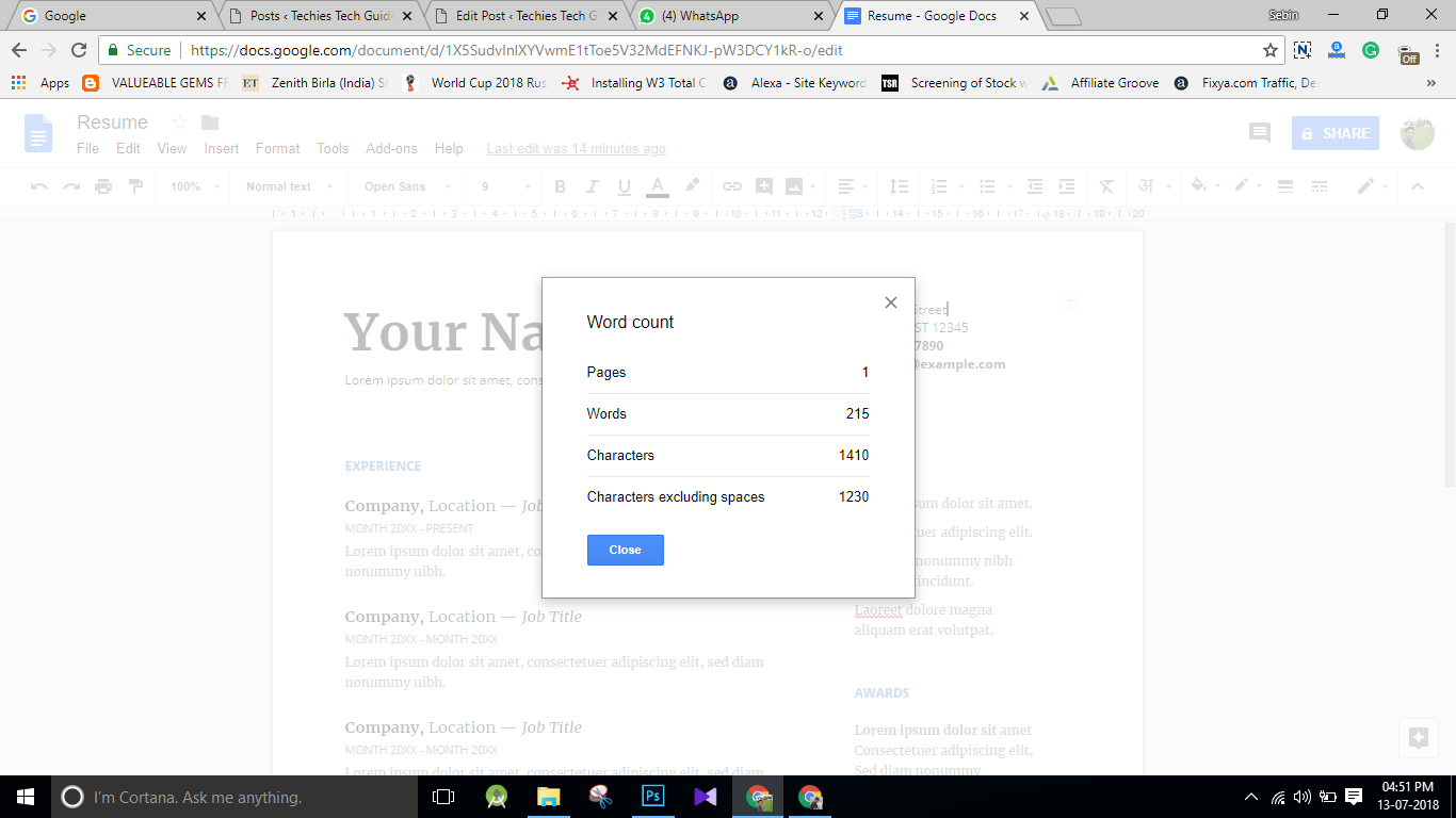 word count on Google Docs