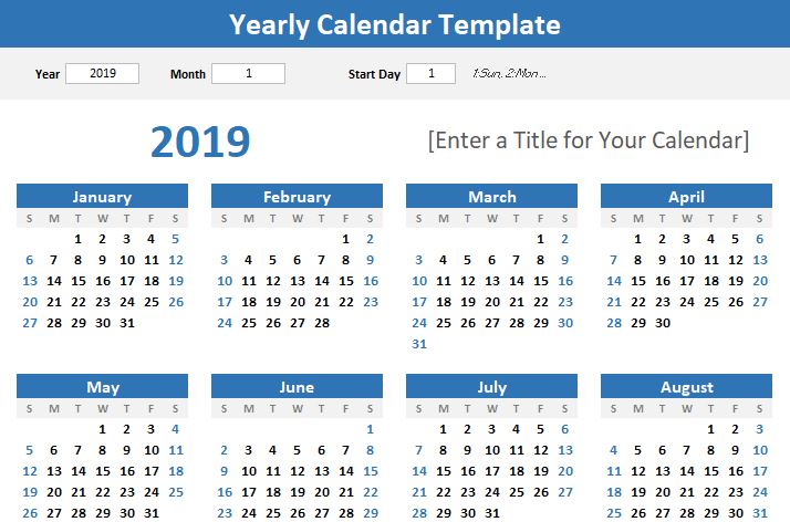 2019 excel calendar template