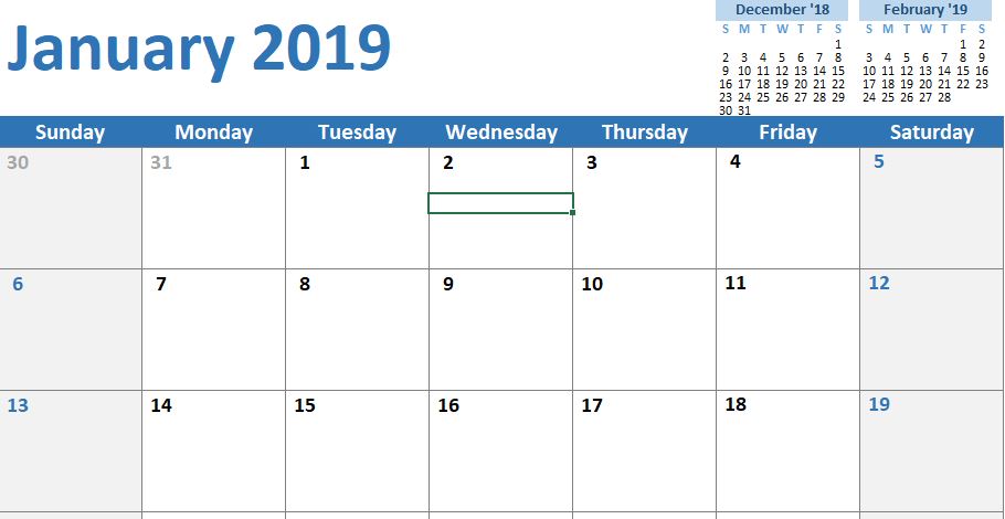 Excel calendar templates 2019