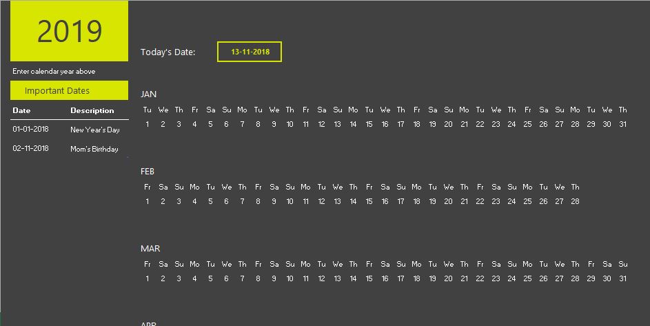 Excel calendar theme 2019