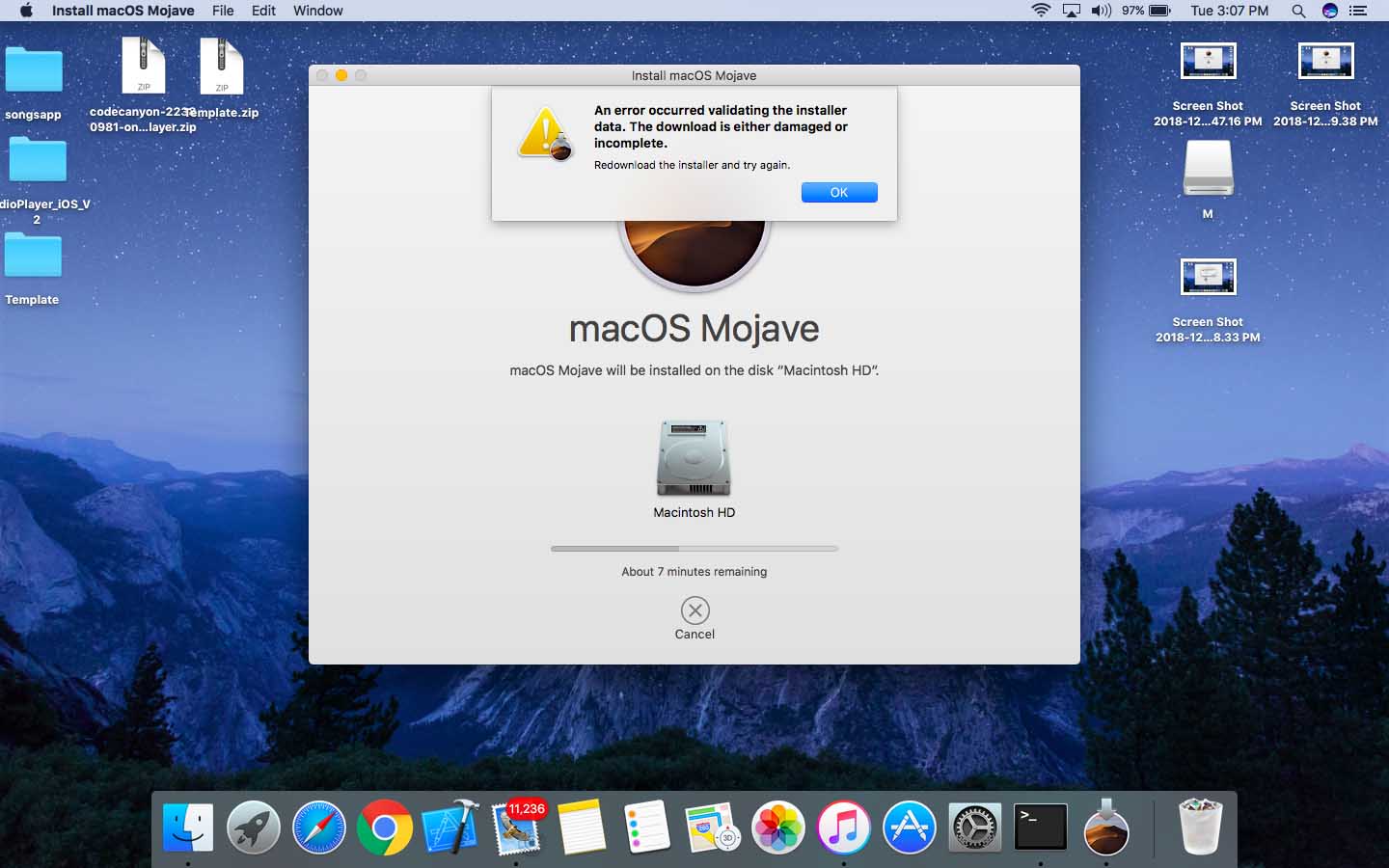 An Error Occurred Validating the installer data - macOS Majove