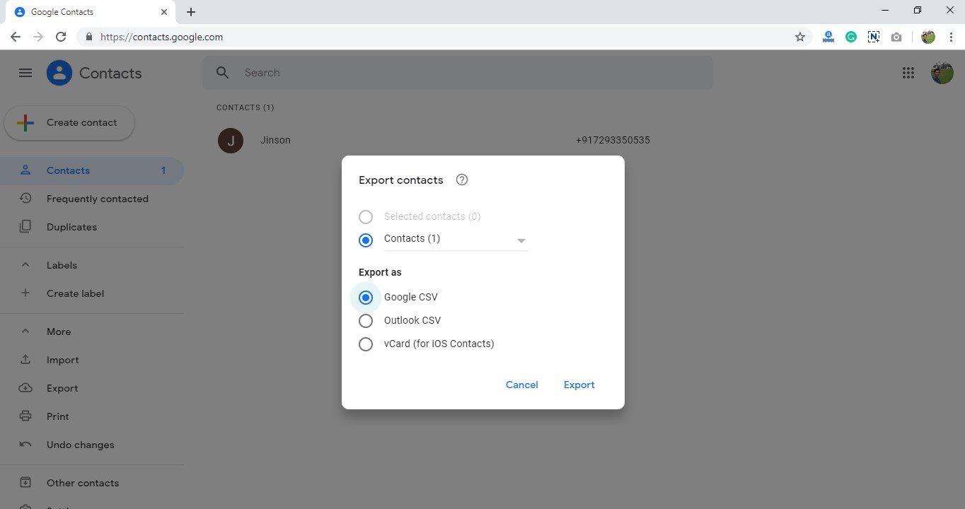 export google contacts template