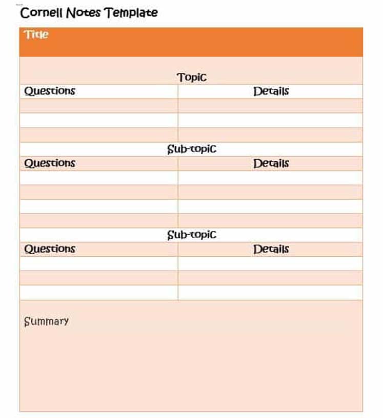 Cornell notes template for Top and Subtopic contents