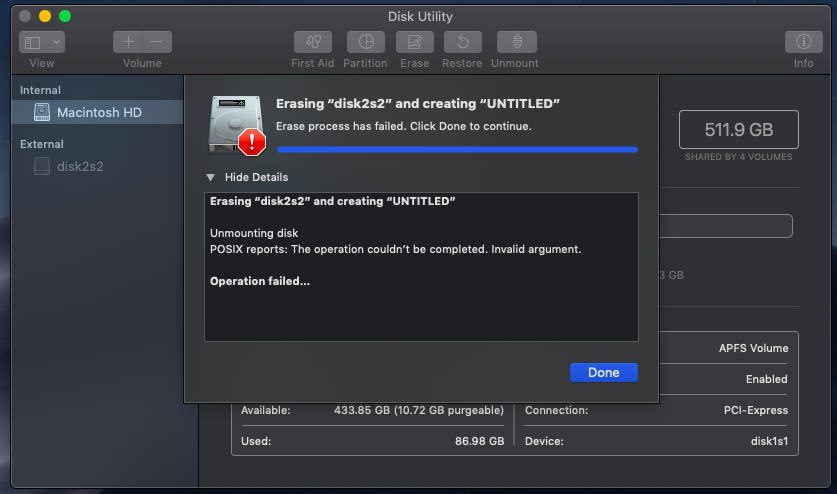 Erase process has failed when formatting USB - Mac Disk utility