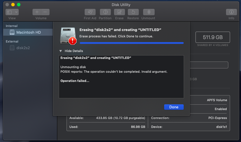 disk utility mac erase failed