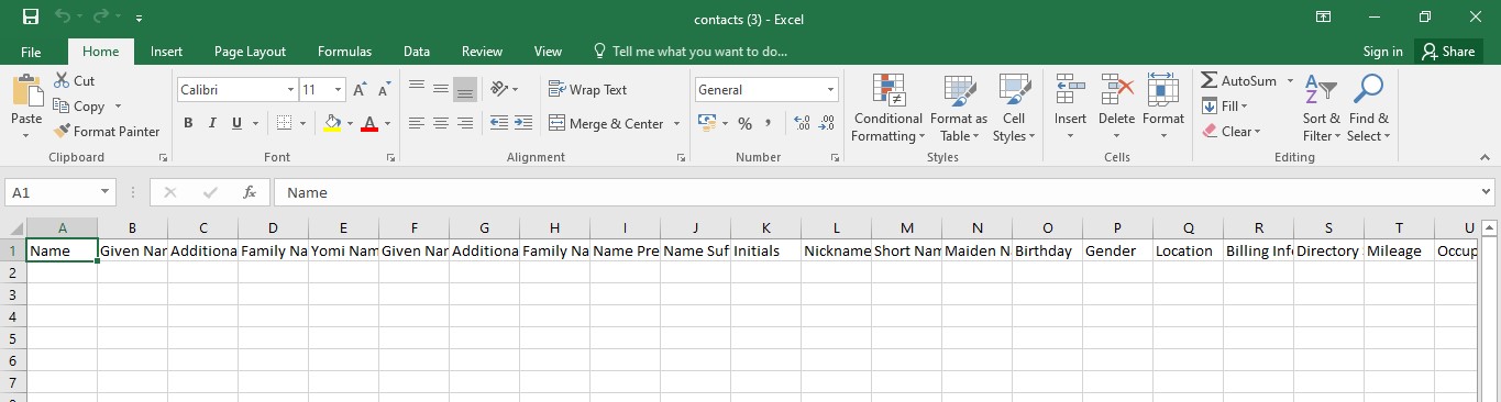 Google Contacts CSV Excel template
