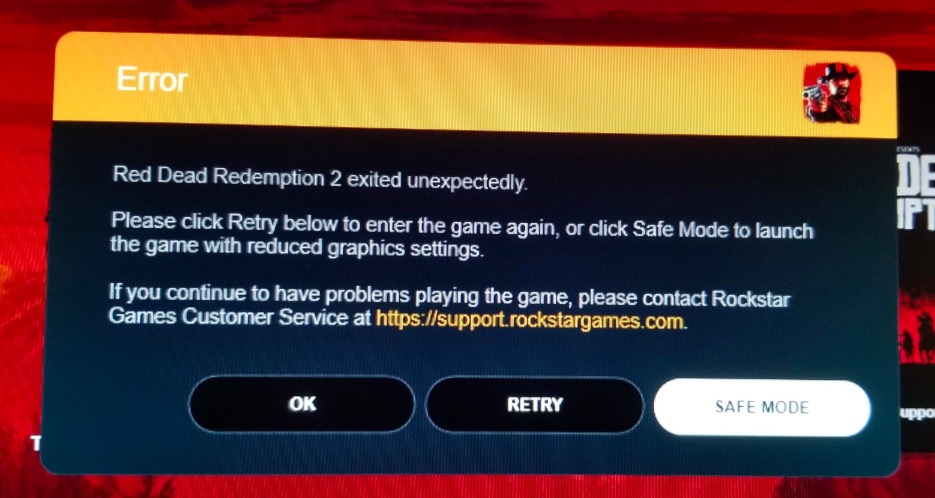 Error Red Dead Redemption 2 exited unexpectedly