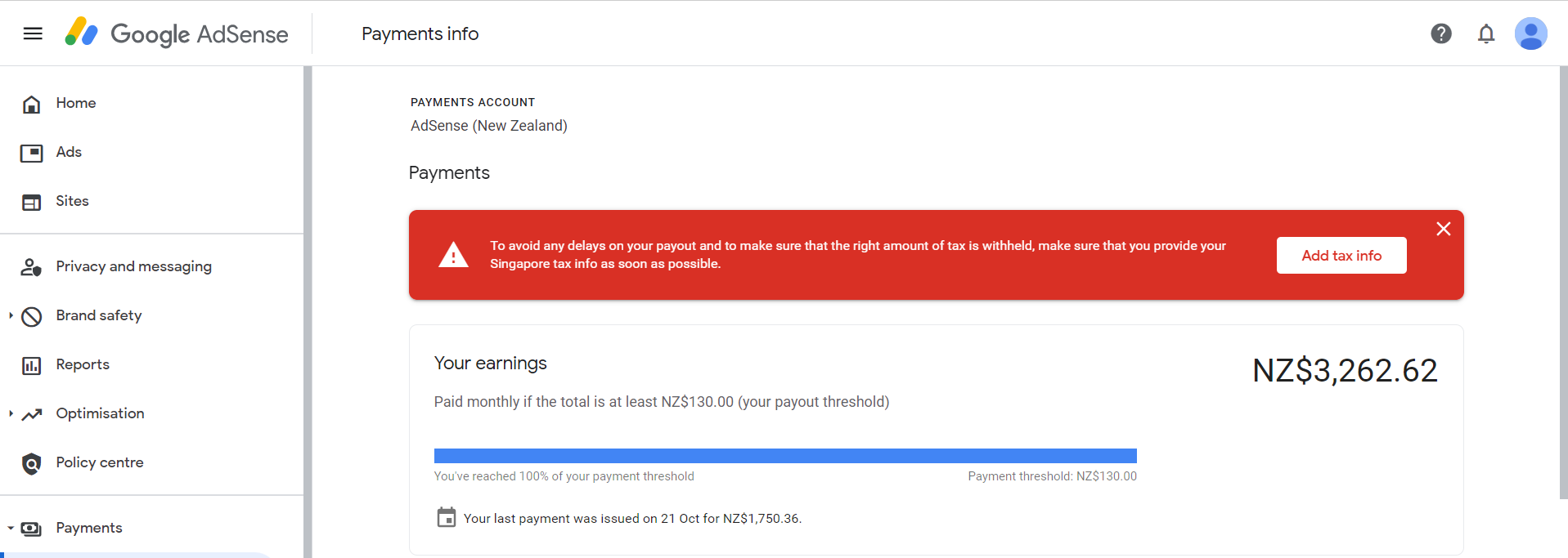 [Solved] Google Adsense “Singapore Tax info” Error under Payments Section