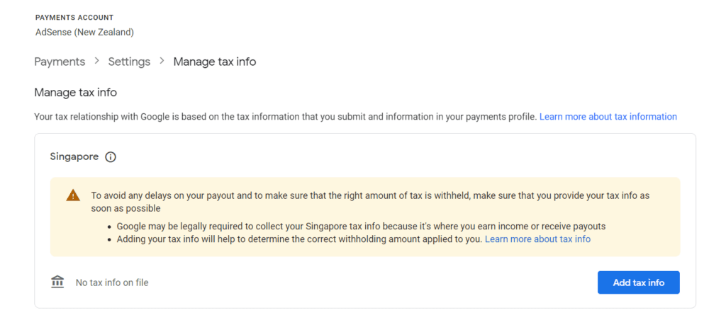Singapore Tax info" section in Google Adsense